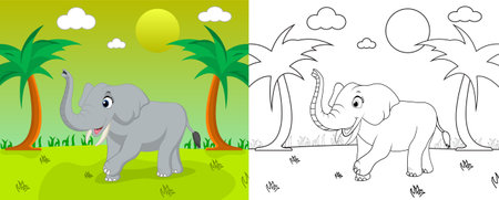 Cute cartoon elephant coloring page with line art, kids activity page vector illustrationのイラスト素材
