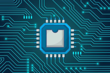 Modern cartoon style printed circuit board with a ic chip and track.