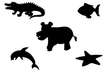 Silhouettes of alligator and sea animals on a white background vector illustrationのイラスト素材