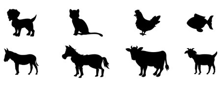 Different farm animals silhouettes set vector illustration isolated on a white backgroundのイラスト素材