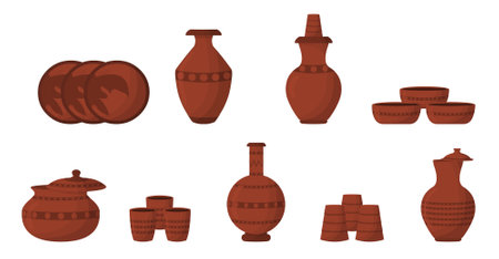 <p>Set of clay pots, jar, jug, glass, amphora vector illustration of ancient clay traditional vase isolated on white background.</p>のイラスト素材