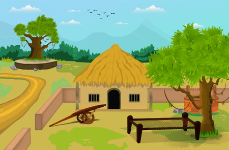 Village town with trees and front of big ground natural countryside vector illustration.のイラスト素材