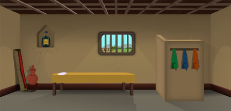 Village room inside vector, poor mud house room interior cartoon background illustrations.のイラスト素材