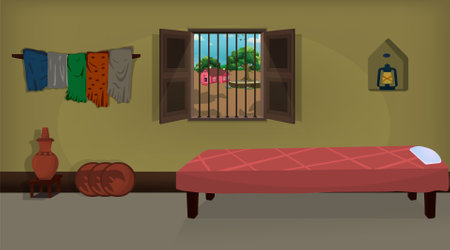 Village room inside vector, poor mud house room interior cartoon background illustrations.のイラスト素材