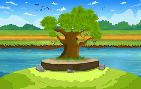 Vector illustration of a beautiful natural landscape with island, lake, ground, road cartoon backgroundのイラスト素材