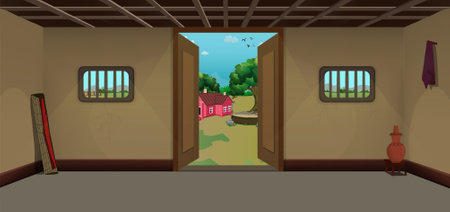 Village room inside vector, poor mud house room interior cartoon background illustrations.のイラスト素材