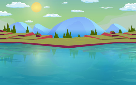 Cartoon evening background big water lake and landscape area with mountains, trees, sky, clouds vector illustrationのイラスト素材