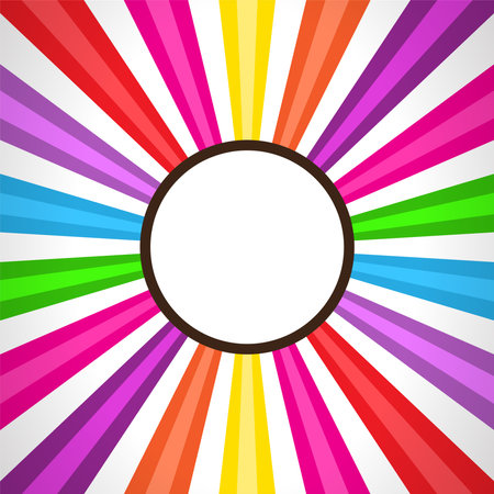 Rainbow style colourful sunburst pattern background with badge, rays, radial, summer banner, vector illustrationのイラスト素材