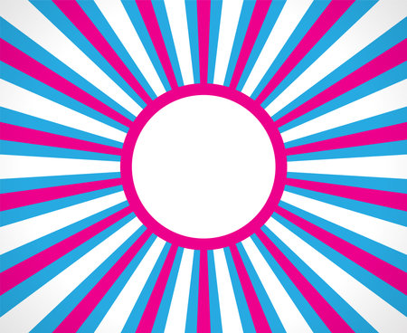 Pink and blue colourful sunburst pattern background with badge, rays, radial, summer banner, vector illustrationのイラスト素材