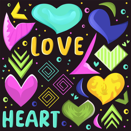 Vector illustration of love post many various romantic objects, coloured retro trendy flat design isolated on a black backgroundのイラスト素材