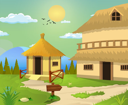 Vector illustration of beautiful village cartoon background of green meadows and surrounded by trees and mountains.のイラスト素材