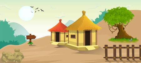 Lovely nature landscape village on a hill evening illustration, with stylish flat design, trees, banner and field cartoon backgroundのイラスト素材