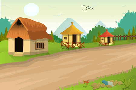 Lovely nature landscape village evening illustration, with stylish flat design, trees, banner and field cartoon backgroundのイラスト素材
