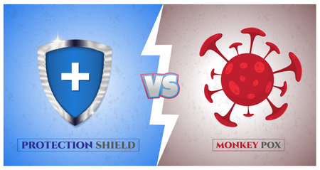 Monkey pox virus versus medical protection shield, battle of doctors vs monkey pox disease outbreakのイラスト素材