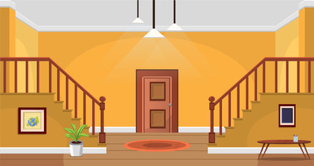 Room interior, cartoon living room, big house with furniture and stairsのイラスト素材