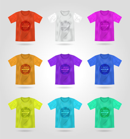 Set of t-shirt 3d realistic mock up, male t-shirt vector template front back view. Blank apparel design for men, sportswear, casual clothingのイラスト素材