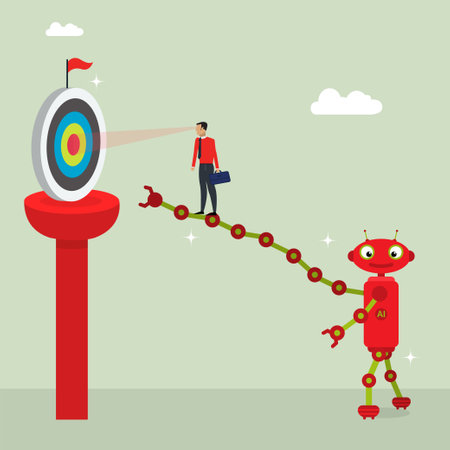 Business man standing on hand of robot with artificial intelligence and looking opportunity to get success, artificial intelligence help overcome business problems concept.のイラスト素材