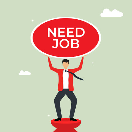 Man stand on tower and holding a sign need a job, money problem, financial trouble, economic crisis concept flat vector illustrationのイラスト素材