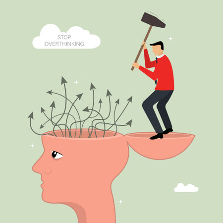 Business man trying to help stop overthinking, a lot of questions inside a big head of person who overthinks, vector illustrationのイラスト素材