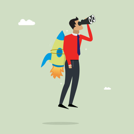 Flying business man character with jetpack, looking career or new idea vector illustrationのイラスト素材