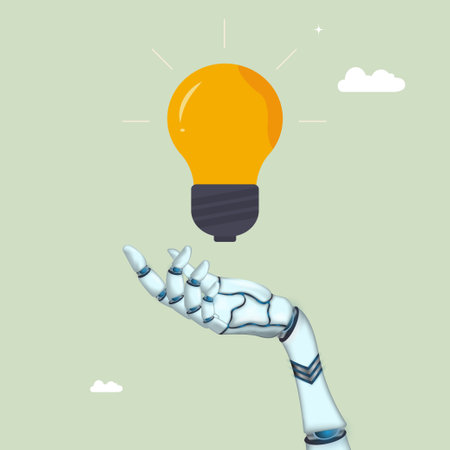 Robot rise hand and give idea, ai chat bot, chatbot answering, problem solving concept flat vector illustrationのイラスト素材