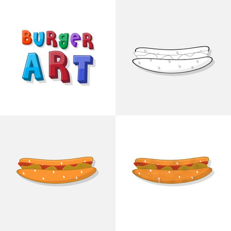Hamburger art sketch, colouring page, flat and realistic burger fast food illustration for kidsのイラスト素材