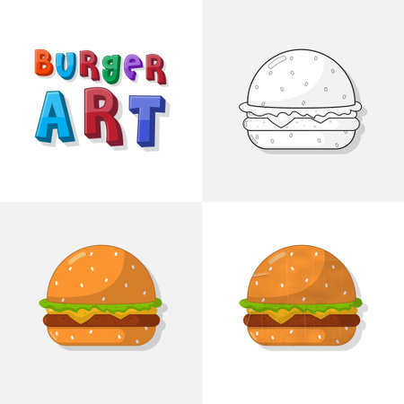 Hamburger art sketch, colouring page, flat and realistic burger fast food illustration for kidsのイラスト素材