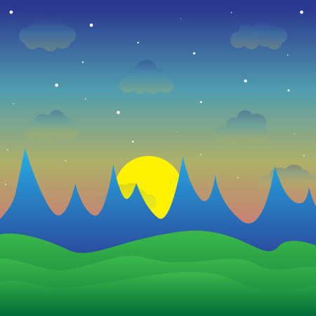 Lovely nature landscape modern style sunset illustration, with stylish flat design, house, trees, banner and field cartoon backgroundのイラスト素材