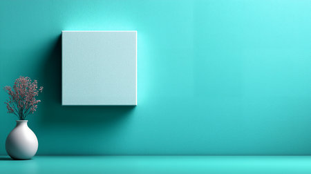 Minimalist interior design with a vase of flowers on a turquoise wallの素材