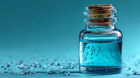 Glass bottle with blue liquid on a blue background with water drops.の素材
