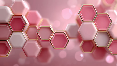 3d rendering of abstract background with hexagons in pink and golden colorsの素材
