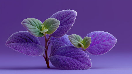 Basil leaves on a purple background. 3d rendering, 3d illustration.の素材