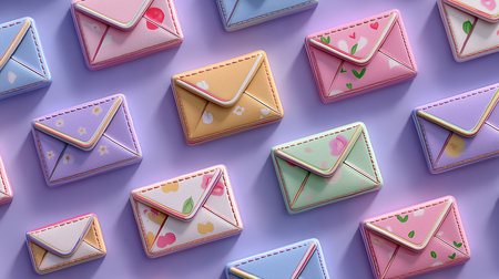 3d rendering of colorful envelopes with hearts pattern on violet backgroundの素材