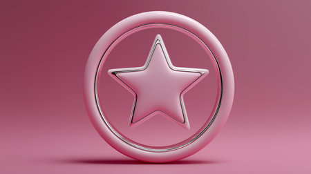 Silver star icon on pink background. 3D rendering. Round button.の素材
