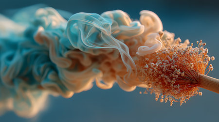 abstract colored smoke on a blue background close-up macro photographyの素材