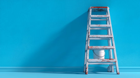 3d rendering of a ladder and bucket on a blue wall backgroundの素材