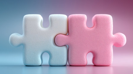 3d rendering of two puzzle pieces in pink and blue background.の素材
