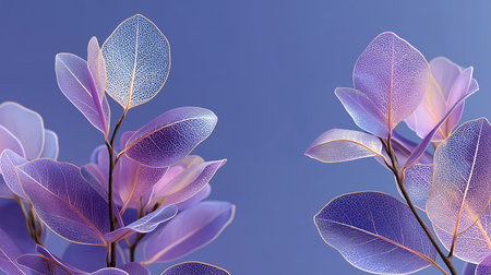 3d rendering of purple leaves on blue background with copy space.の素材
