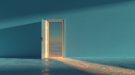 Opened door to the sea, 3d render. Conceptual imageの素材