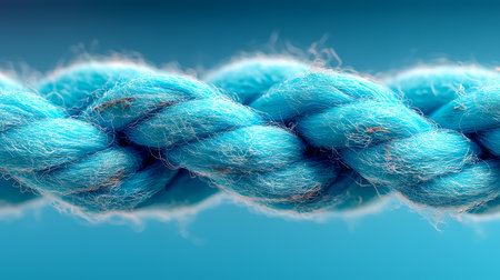 Blue rope with knots on blue background. 3d render illustration.の素材
