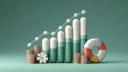 3d illustration of graph with coins and lifebuoy on green backgroundの素材