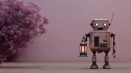 3d rendering of an old robot with a lilac background.の素材