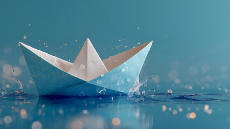 Paper boat with water splashes on blue background. 3D renderingの素材