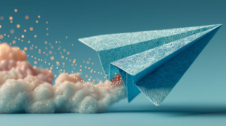 Paper plane flying in the blue sky. Abstract 3d illustration.の素材