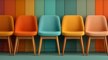 Three chairs in a row against a colorful wall. 3d renderingの素材