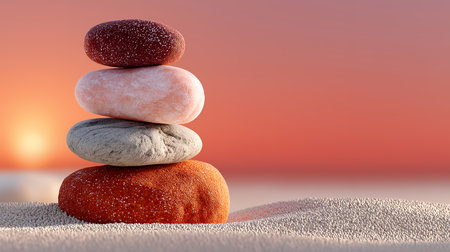 Stack of zen stones on the sand. 3d illustration.の素材