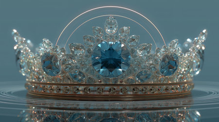 Crown with blue gemstone on blue background. 3D renderingの素材