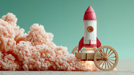 Rocket with wooden cart on the background of clouds. 3d illustrationの素材