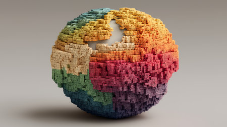 3d rendering of sphere made of multicolored cubes in gray backgroundの素材