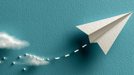 Paper plane with clouds on the blue wall. 3D illustration.の素材